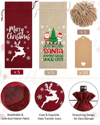 Bolsas de vino de Navidad de yute reutilizables para botellas de vino Tipo de patrón de letra personalizado