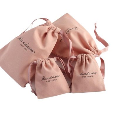Mediano Embalaje de compras Bolsas de lienzo de algodón de color rosa suave impreso con cuerdas