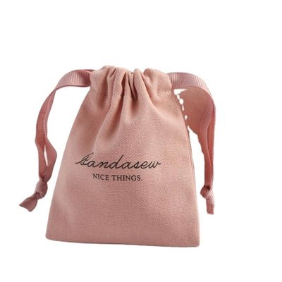 Mediano Embalaje de compras Bolsas de lienzo de algodón de color rosa suave impreso con cuerdas