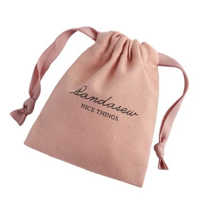 Mediano Embalaje de compras Bolsas de lienzo de algodón de color rosa suave impreso con cuerdas