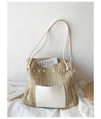 Bolso de paja de poliéster con revestimiento hecho a mano Bolso de paja de tejido grande de hombro para mujeres