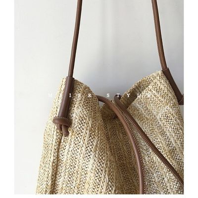 Bolso de paja de poliéster con revestimiento hecho a mano Bolso de paja de tejido grande de hombro para mujeres