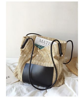 Bolso de paja de poliéster con revestimiento hecho a mano Bolso de paja de tejido grande de hombro para mujeres