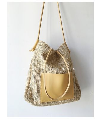 Bolso de paja de poliéster con revestimiento hecho a mano Bolso de paja de tejido grande de hombro para mujeres