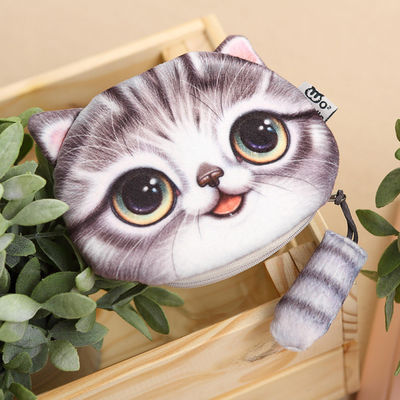Bolso de maquillaje de color de peluche personalizado con bolso de monedas 3D de gato y cremallera de cola de impresión animal
