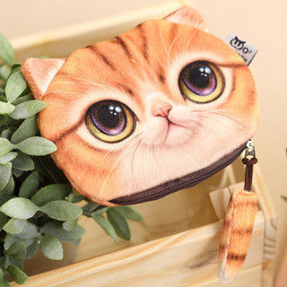 Bolso de maquillaje de color de peluche personalizado con bolso de monedas 3D de gato y cremallera de cola de impresión animal