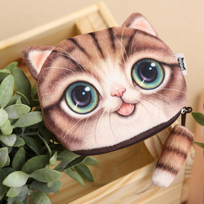 Bolso de maquillaje de color de peluche personalizado con bolso de monedas 3D de gato y cremallera de cola de impresión animal