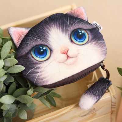 Bolso de maquillaje de color de peluche personalizado con bolso de monedas 3D de gato y cremallera de cola de impresión animal