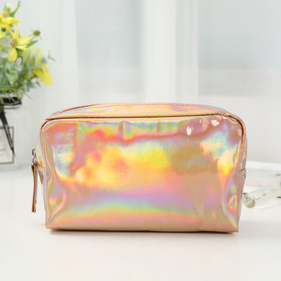 Bolso de maquillaje de PU Logotipo personalizado Holográfico Plata Púrpura Impermeable Bolso de cremallera Rosa Oro Bolso de maquillaje Moda