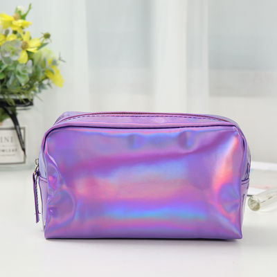 Bolso de maquillaje de PU Logotipo personalizado Holográfico Plata Púrpura Impermeable Bolso de cremallera Rosa Oro Bolso de maquillaje Moda