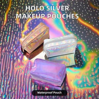 Bolso de maquillaje de PU Logotipo personalizado Holográfico Plata Púrpura Impermeable Bolso de cremallera Rosa Oro Bolso de maquillaje Moda