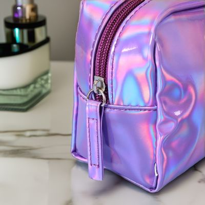 Bolso de maquillaje de PU Logotipo personalizado Holográfico Plata Púrpura Impermeable Bolso de cremallera Rosa Oro Bolso de maquillaje Moda