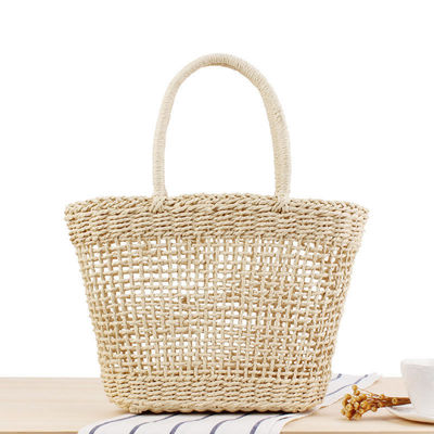 Bolsos de playa de verano de paja hecha a mano Bolso de toque de vaso de tela tejida de malla hueca cesta