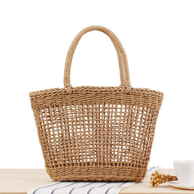 Bolsos de playa de verano de paja hecha a mano Bolso de toque de vaso de tela tejida de malla hueca cesta