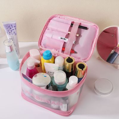 Bolsa de maquillaje de PVC transparente con logotipo personalizado para artículos de tocador de viaje y organización cosmética