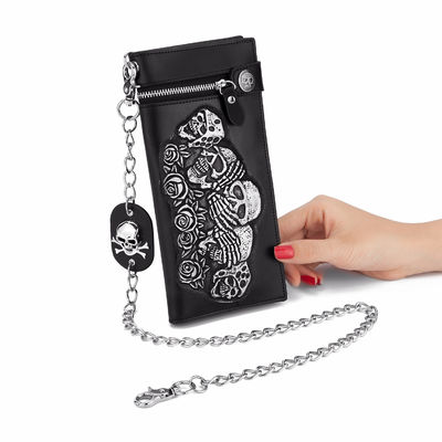 Cráneo de rosa de moda cadena antirrobo corta y larga billetera billetera de cuero punk