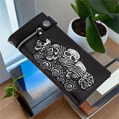 Cráneo de rosa de moda cadena antirrobo corta y larga billetera billetera de cuero punk