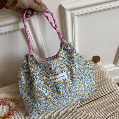 Revestimiento de poliéster en bolsa de lienzo de playa floral de gran capacidad para compras ecológicas