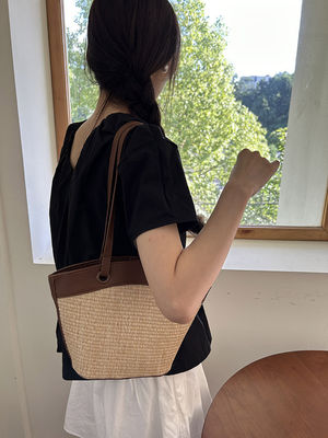 Cesta de verduras Bolsa de paja Cerradura abierta estilo francés retro perfecto para vacaciones en la playa