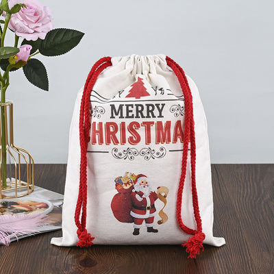 Logotipo personalizado de Navidad 2022 Bolsas de cordón 100% de algodón Medias de Santa Claus Caramelos Nueces Bolso de regalo