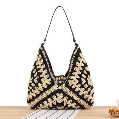Bolso de playa tejido a mano ecológico para mujeres con diseño floral hueco y correa de cuero PU