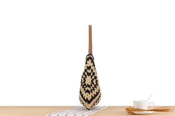 Bolso de playa tejido a mano ecológico para mujeres con diseño floral hueco y correa de cuero PU