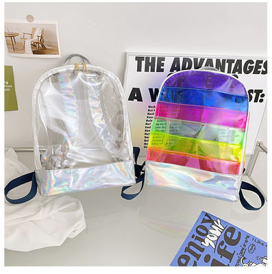 Bolsa de PVC transparente elegante Mujeres con barras de jalea Cosida Holograma de arco iris para el día a día