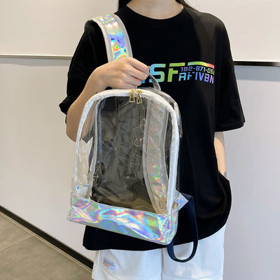 Bolsa de PVC transparente elegante Mujeres con barras de jalea Cosida Holograma de arco iris para el día a día