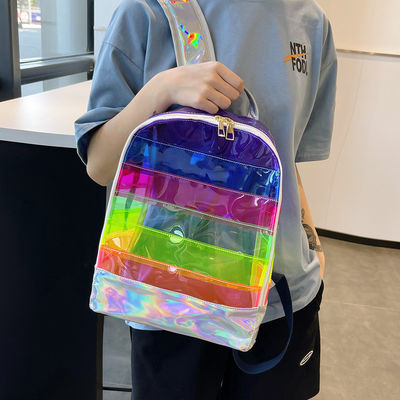 Bolsa de PVC transparente elegante Mujeres con barras de jalea Cosida Holograma de arco iris para el día a día
