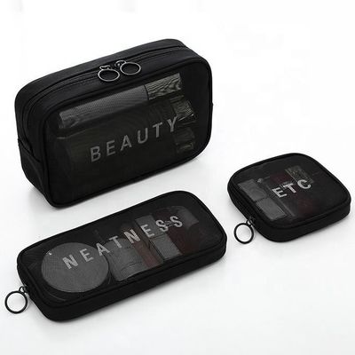 Tipo de patrón sólido malla de nylon maquillaje de aseo maquillaje bolsa cosmética con logotipo de letras personalizadas