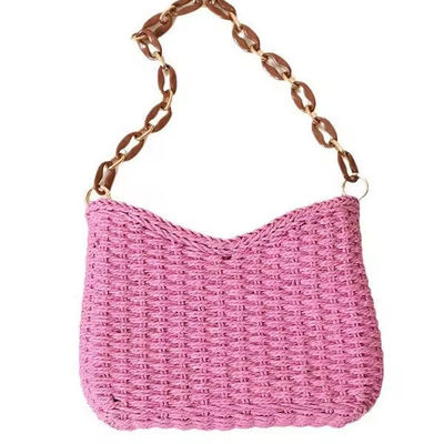 2024 Bolso de paja púrpura pequeño y fresco tejido a mano para Seaside Resort Beach Color sólido