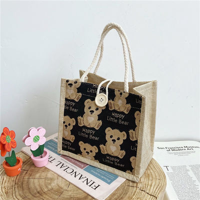 Personalizada Adorable Cartoon Oso Impreso Plano de algodón lienzo de comestibles de compras Jute Tote bolsa