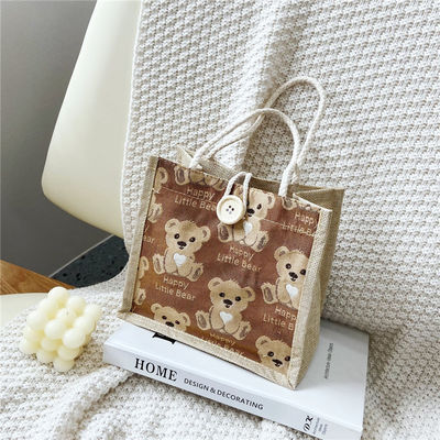 Personalizada Adorable Cartoon Oso Impreso Plano de algodón lienzo de comestibles de compras Jute Tote bolsa