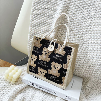 Personalizada Adorable Cartoon Oso Impreso Plano de algodón lienzo de comestibles de compras Jute Tote bolsa