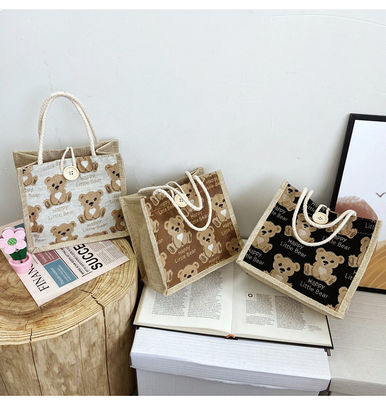 Personalizada Adorable Cartoon Oso Impreso Plano de algodón lienzo de comestibles de compras Jute Tote bolsa