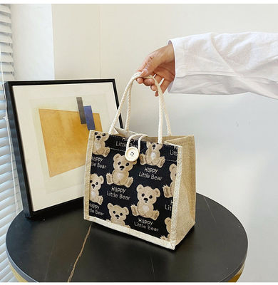 Personalizada Adorable Cartoon Oso Impreso Plano de algodón lienzo de comestibles de compras Jute Tote bolsa