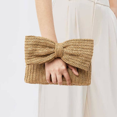 Bolso de compras personalizado Mujeres Arco de paja tejido de playa Raffia embrague Bolso de mano Casual Tote