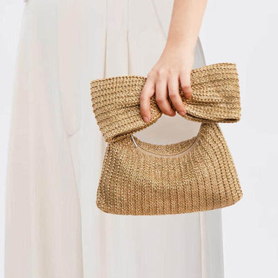 Bolso de compras personalizado Mujeres Arco de paja tejido de playa Raffia embrague Bolso de mano Casual Tote