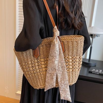 Bolsa de playa de paja para mujeres de moda de 2024 Bolsa de tote personalizada con material de paja