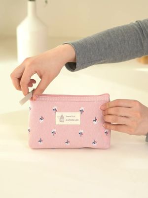 Bolso cosmético portátil personalizable para mujeres Tipo de patrón sólido y material de lona