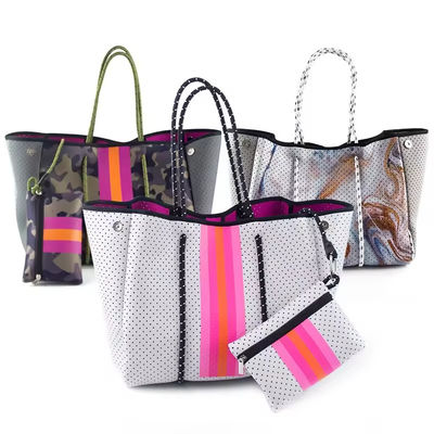 Logotipo personalizado aceptado Bolso de playa de neoprene Bolso de mano de bolsa para mujeres Diseño perforado