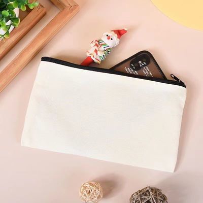 Logotipo personalizado Impreso de lienzo con cremallera Bolsa de maquillaje blanca para viajes y almacenamiento de cosméticos
