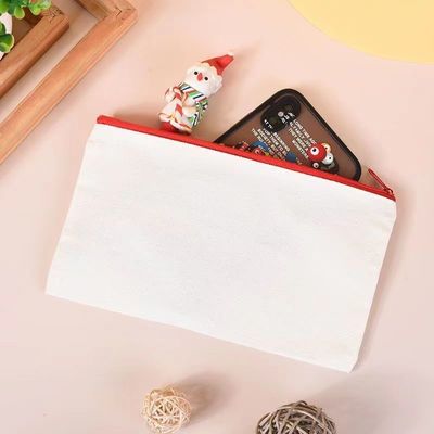 Logotipo personalizado Impreso de lienzo con cremallera Bolsa de maquillaje blanca para viajes y almacenamiento de cosméticos