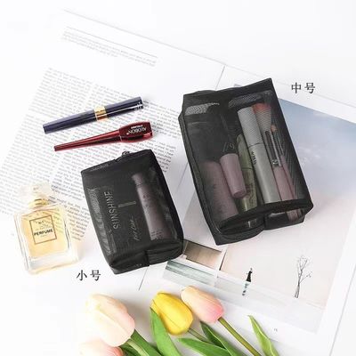 Bolsas de malla negra maquillaje personalizado duradero y bolsas de almacenamiento de viaje con bolso de cremallera de malla