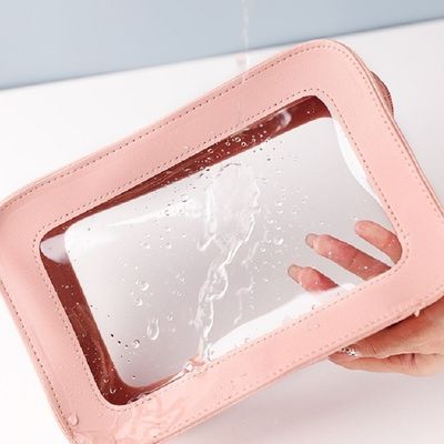 Bolsa cosmética de cuero rosa con OEM/ODM aceptable y tipo de patrón sólido