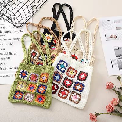 OEM/ODM aceptable Crochet Mujeres Bolsas de hombro Granny Cuadrado Bolsa de Tote Bolsas de mano de punto