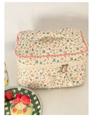Bolso ligero de maquillaje de Gingham azul para mujeres Bolso de maquillaje de viajes lindo Bolso cosmético de flores pequeño