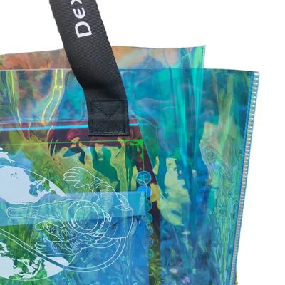Bolso de compras transparente con gelatina láser irisante de PVC con logotipo impreso