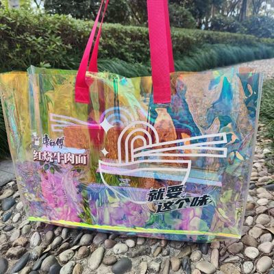Bolso de compras transparente con gelatina láser irisante de PVC con logotipo impreso
