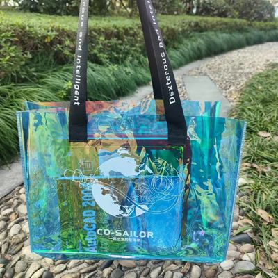 Bolso de compras transparente con gelatina láser irisante de PVC con logotipo impreso